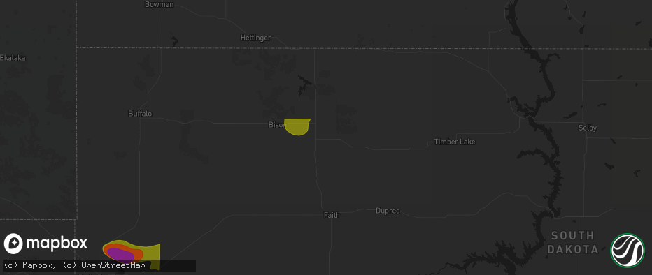 Hail map in Meadow, SD on July 2, 2026