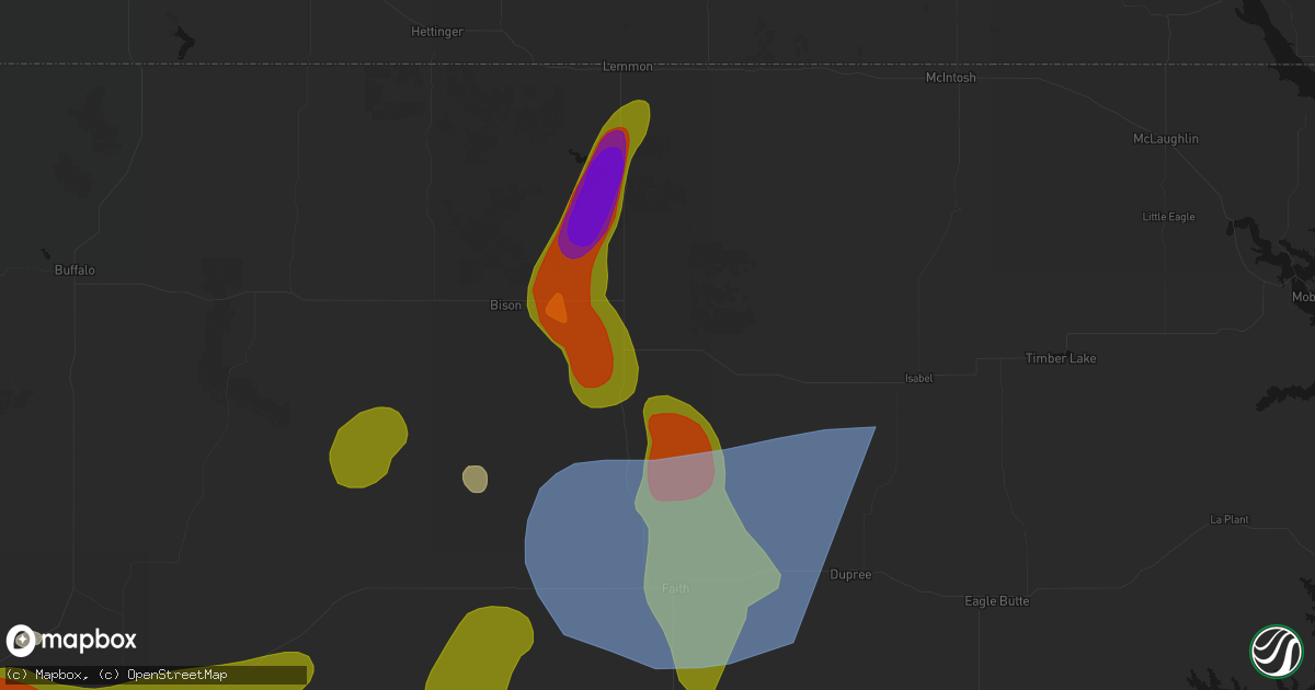 Hail map in Meadow, SD on July 2, 2026