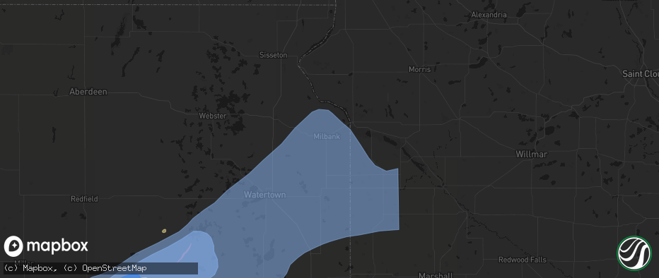 Hail map in Milbank, SD on July 2, 2026