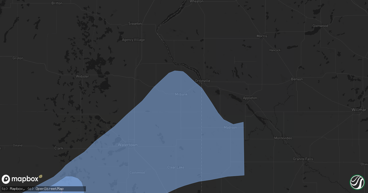 Hail map in Milbank, SD on July 2, 2026