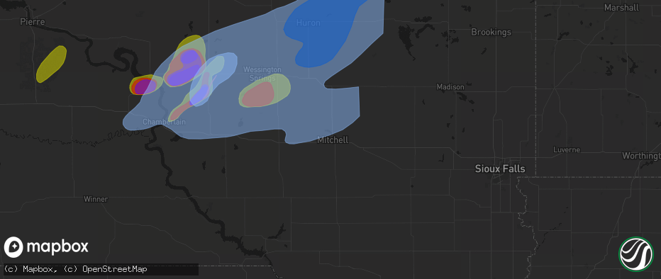 Hail map in Mitchell, SD on July 2, 2026
