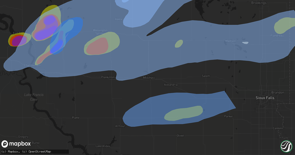 Hail map in Mitchell, SD on July 2, 2026