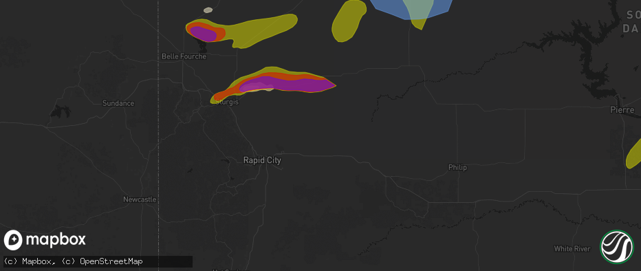 Hail map in New Underwood, SD on July 2, 2026