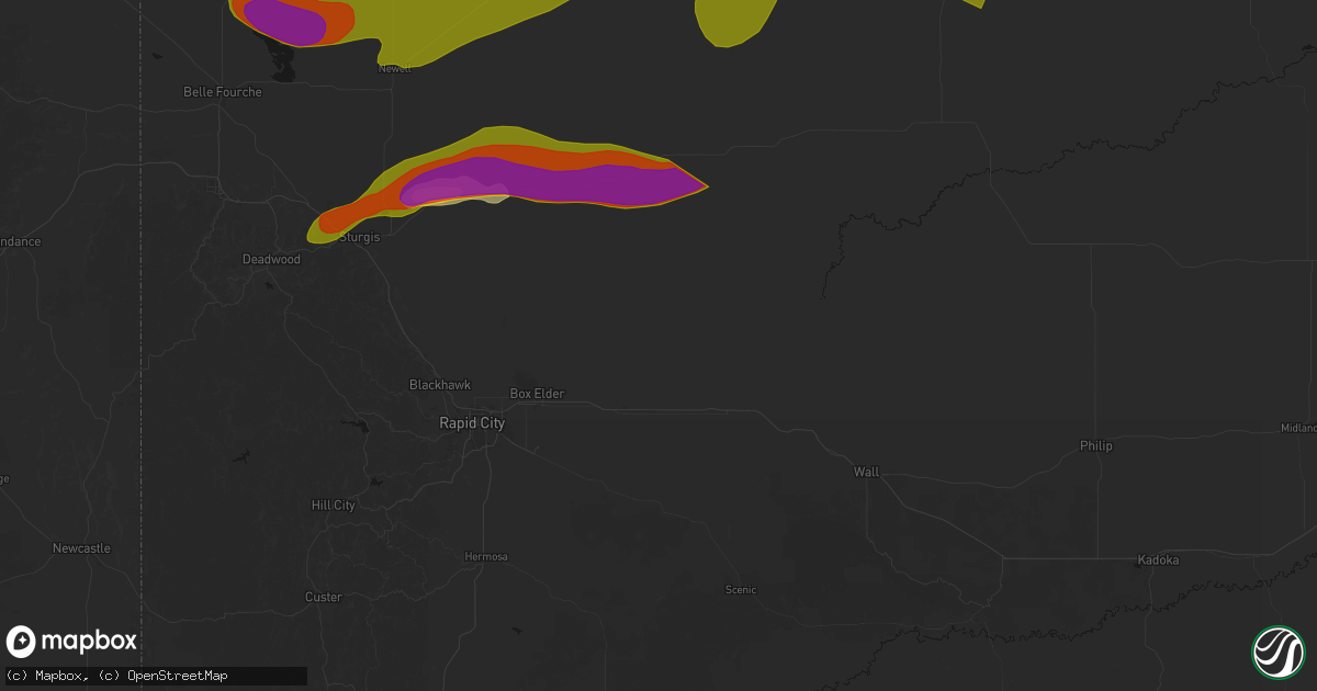 Hail map in New Underwood, SD on July 2, 2026
