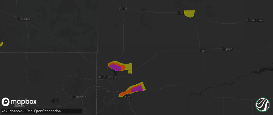Hail map in Newell, SD on July 2, 2026