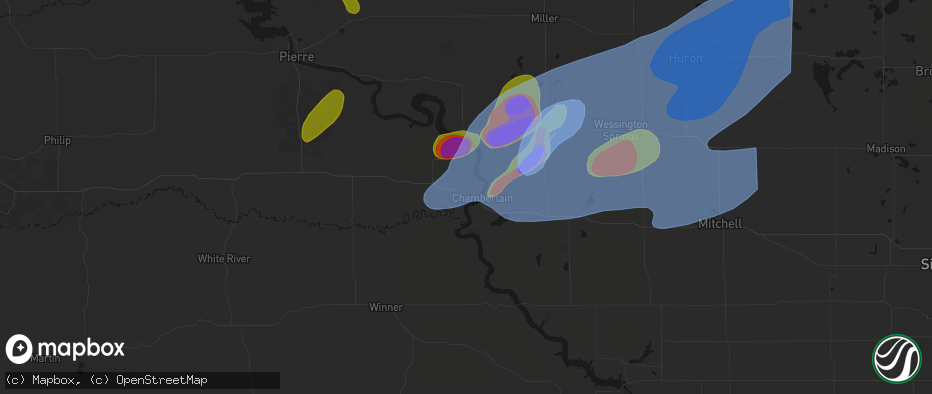 Hail map in Oacoma, SD on July 2, 2026