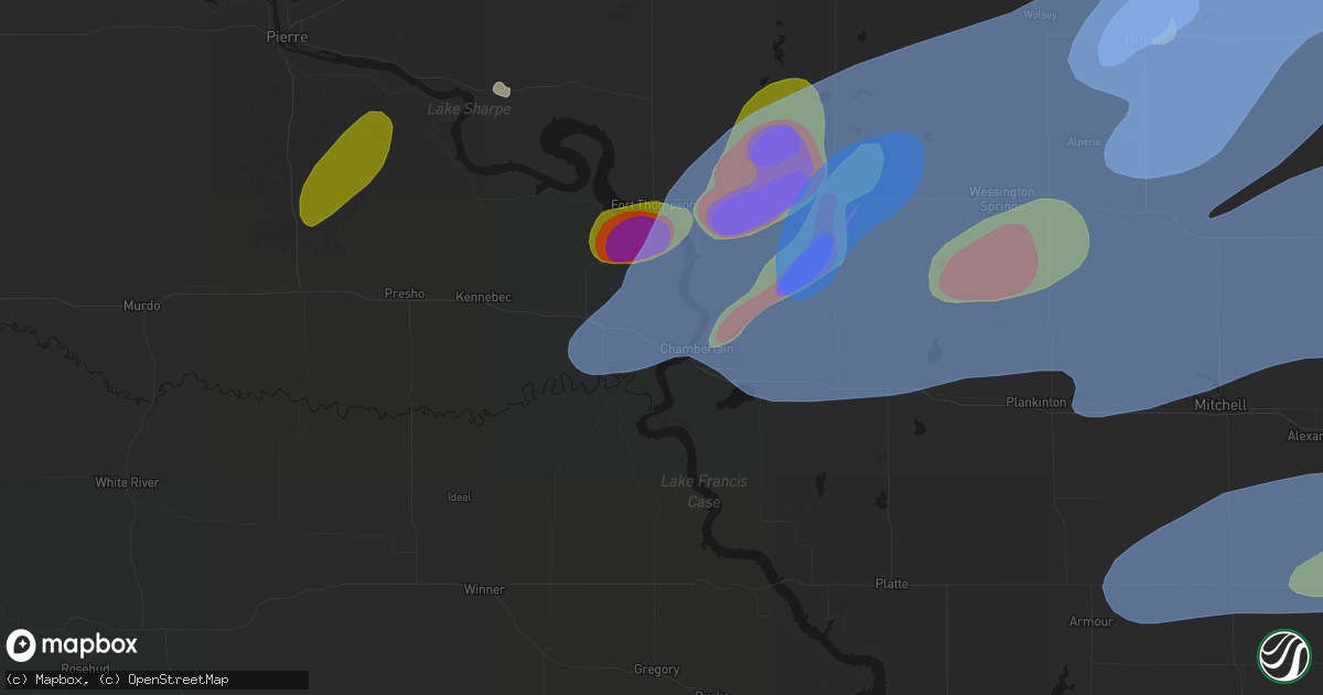 Hail map in Oacoma, SD on July 2, 2026