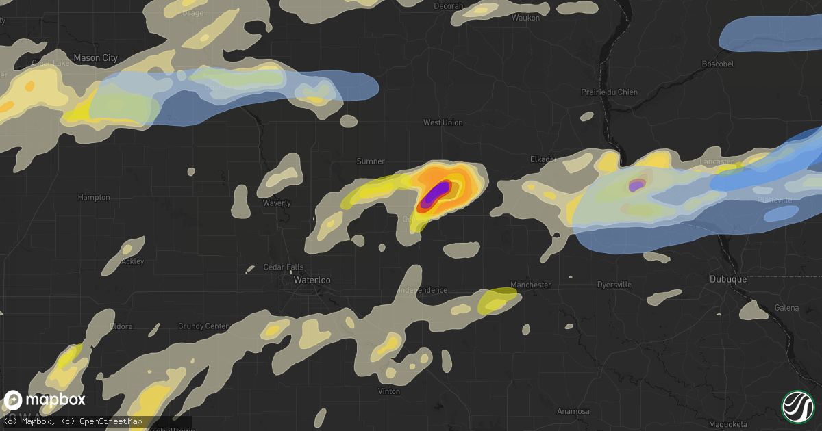 Hail map in Oelwein, IA on July 2, 2026