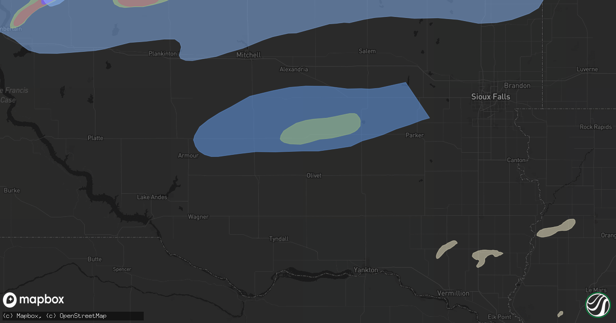 Hail map in Olivet, SD on July 2, 2026