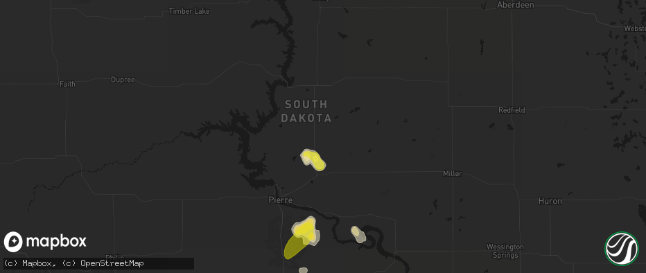 Hail map in Onida, SD on July 2, 2026