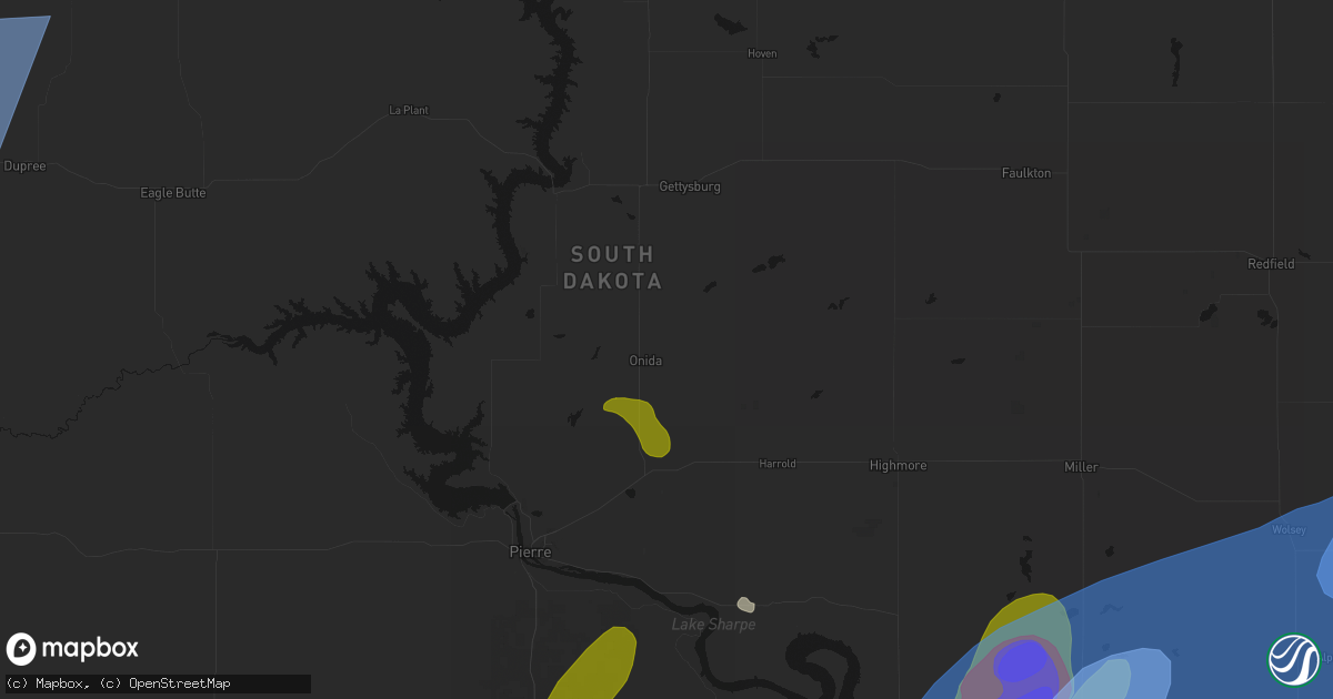 Hail map in Onida, SD on July 2, 2026