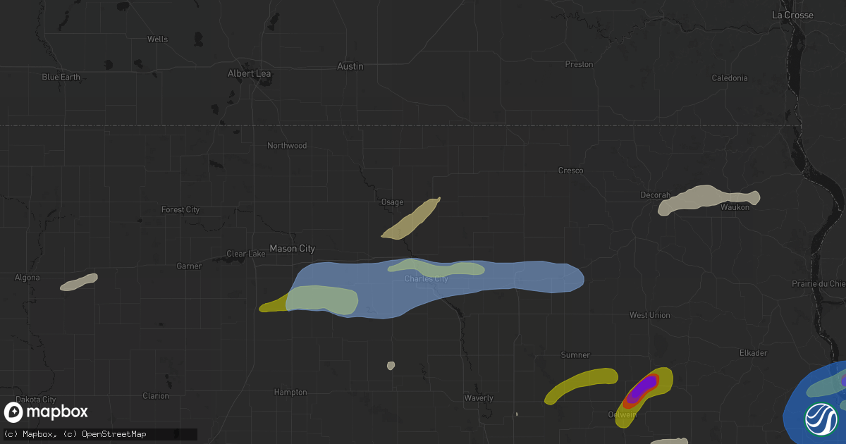 Hail map in Orchard, IA on July 2, 2026