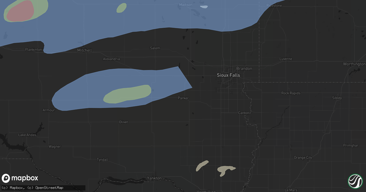 Hail map in Parker, SD on July 2, 2026