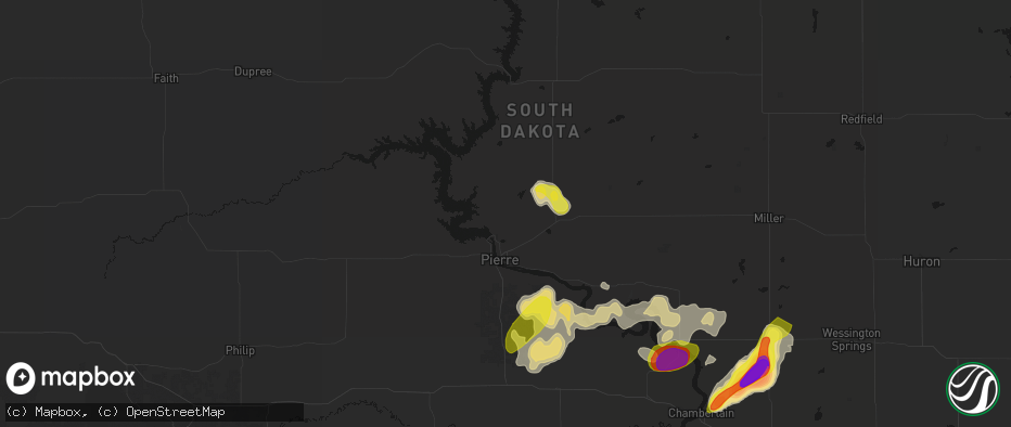 Hail map in Pierre, SD on July 2, 2026