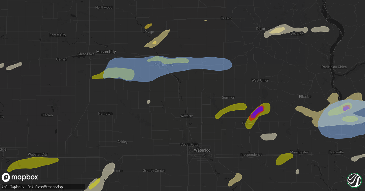 Hail map in Plainfield, IA on July 2, 2026