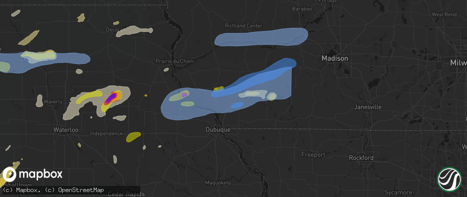 Hail map in Platteville, WI on July 2, 2026