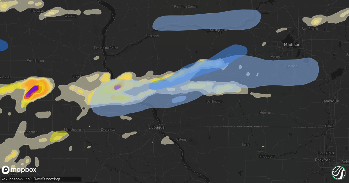 Hail map in Platteville, WI on July 2, 2026