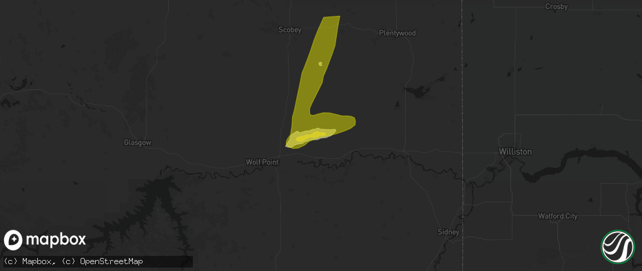 Hail map in Poplar, MT on July 2, 2026