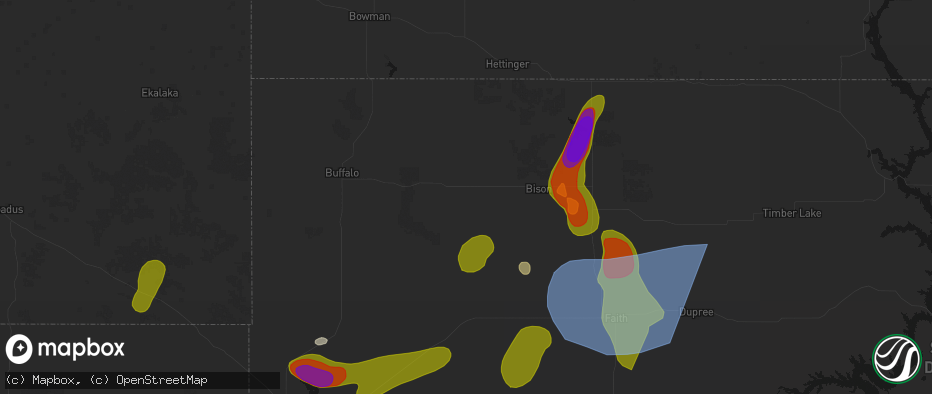 Hail map in Prairie City, SD on July 2, 2026