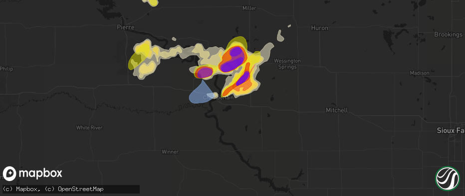 Hail map in Pukwana, SD on July 2, 2026