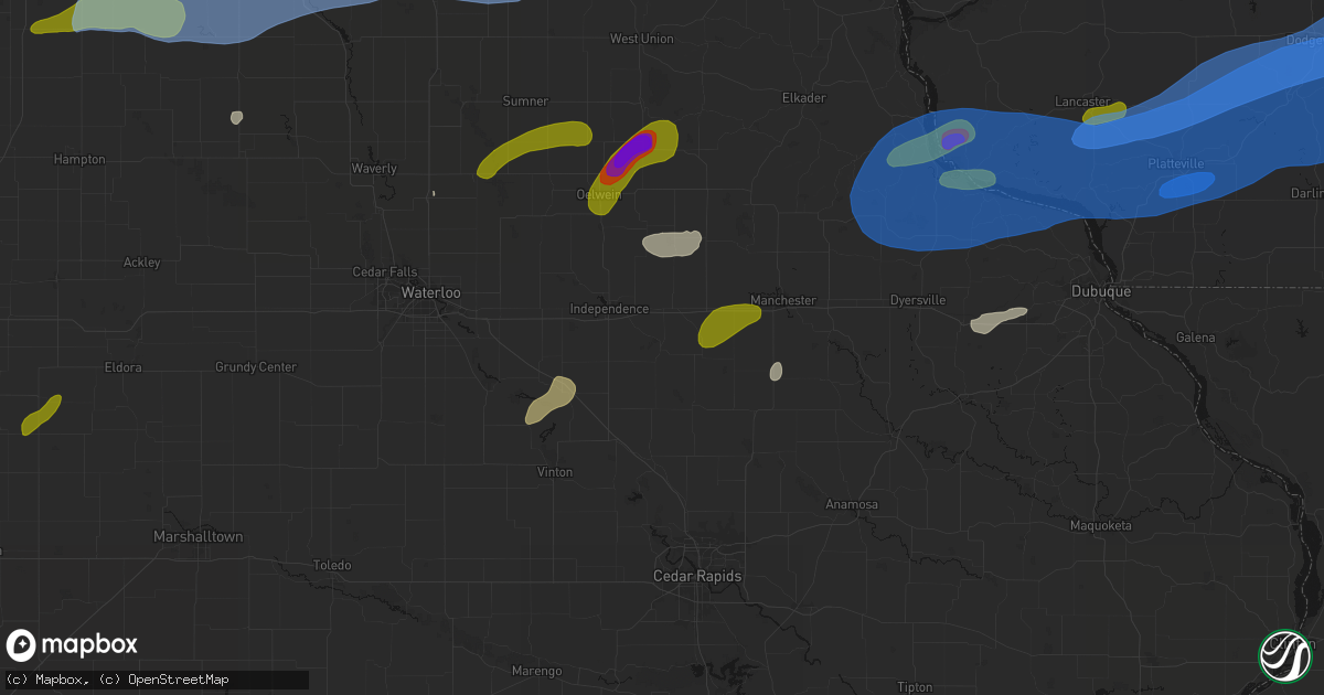 Hail map in Quasqueton, IA on July 2, 2026