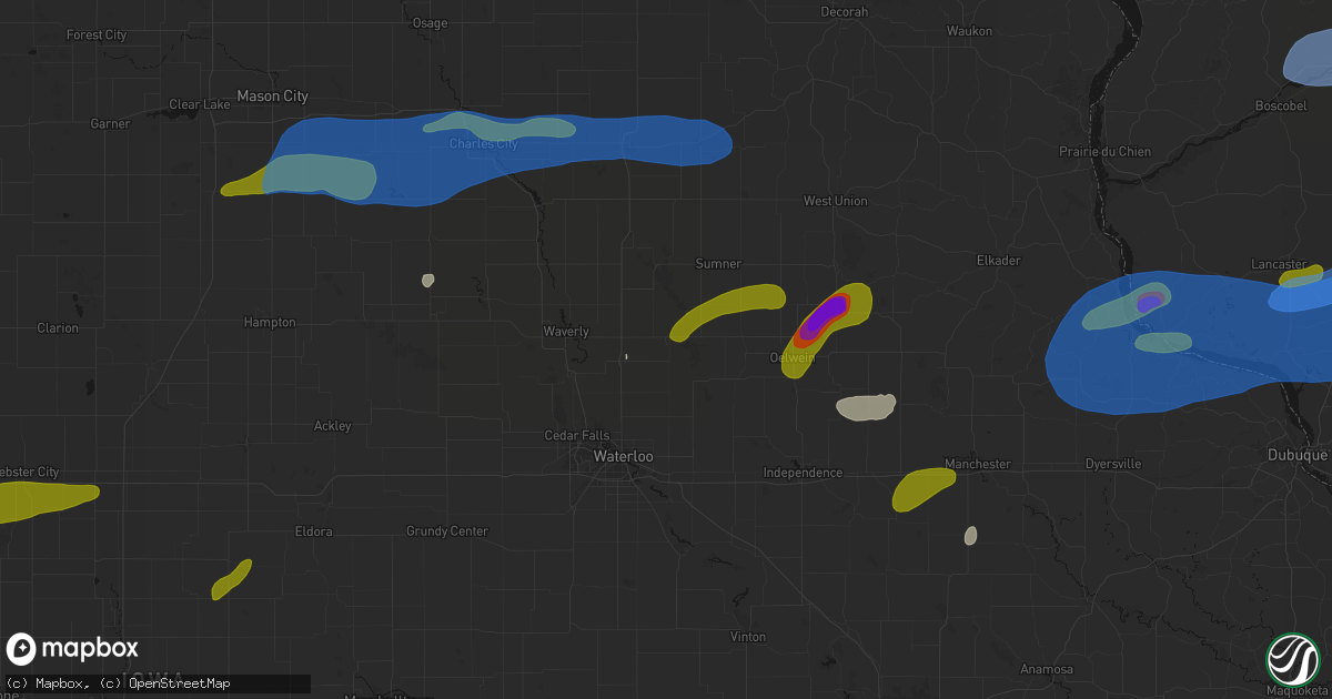 Hail map in Readlyn, IA on July 2, 2026