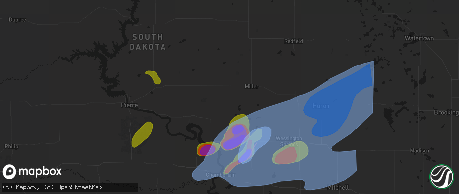 Hail map in Ree Heights, SD on July 2, 2026