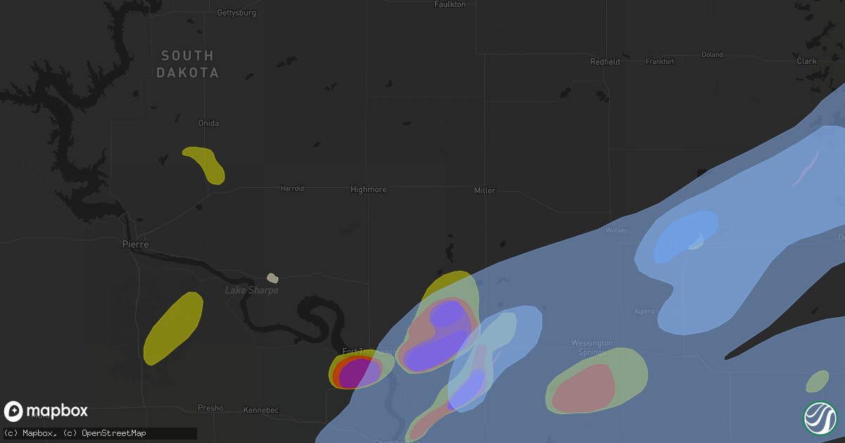 Hail map in Ree Heights, SD on July 2, 2026