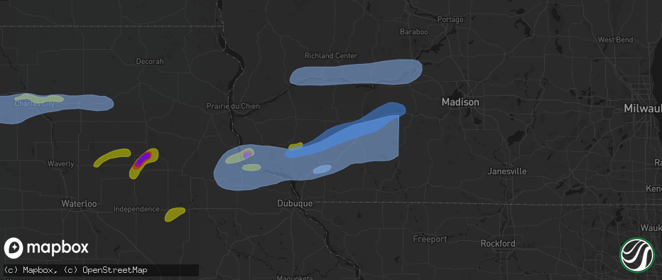 Hail map in Rewey, WI on July 2, 2026