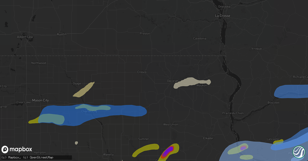 Hail map in Ridgeway, IA on July 2, 2026