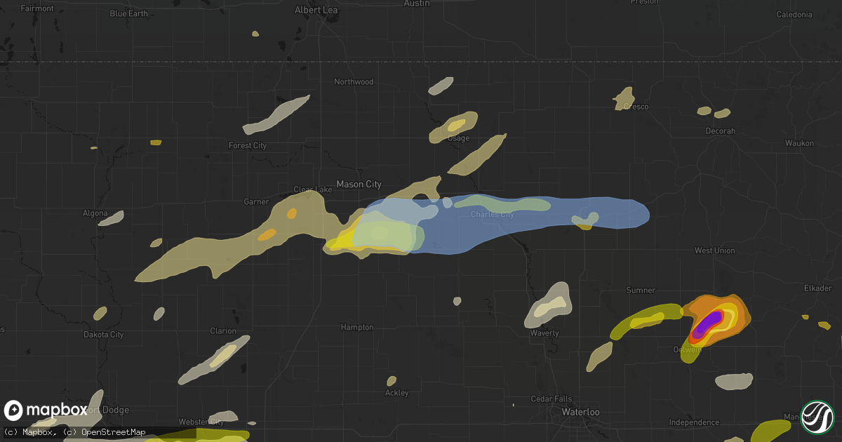 Hail map in Rockford, IA on July 2, 2026