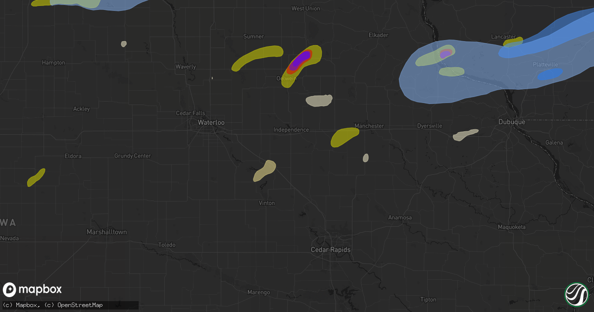 Hail map in Rowley, IA on July 2, 2026