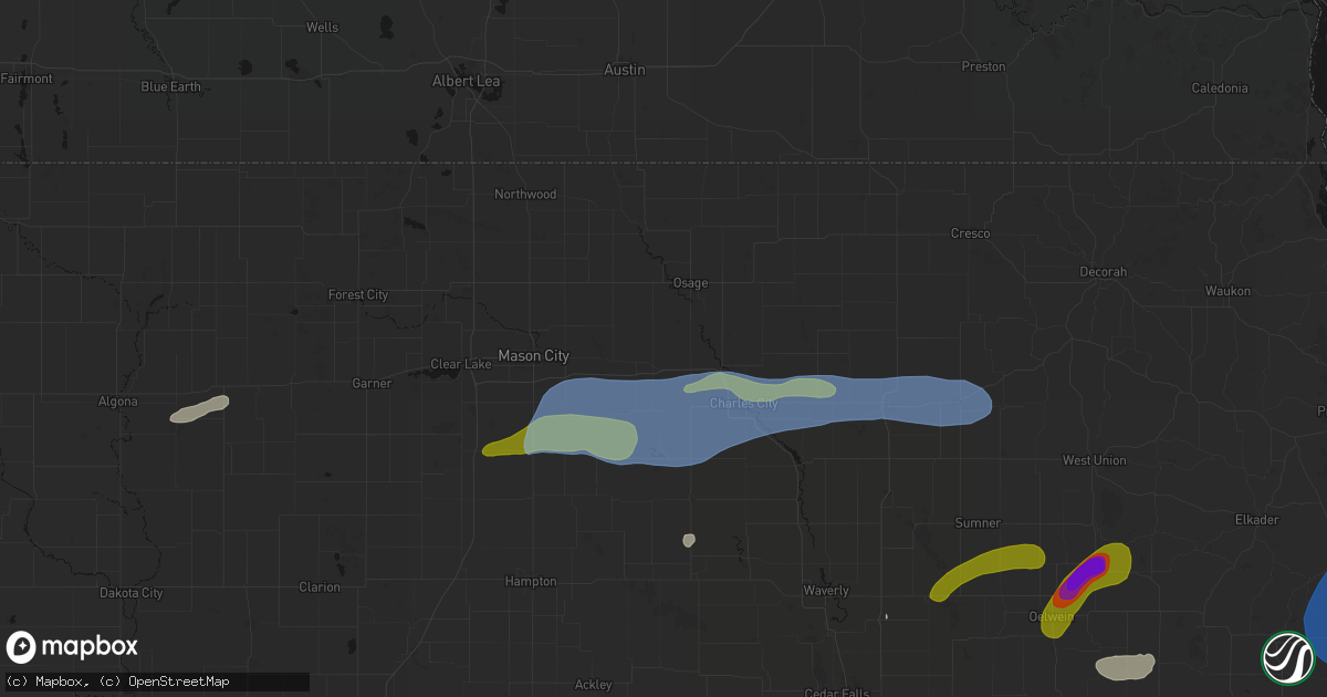 Hail map in Rudd, IA on July 2, 2026