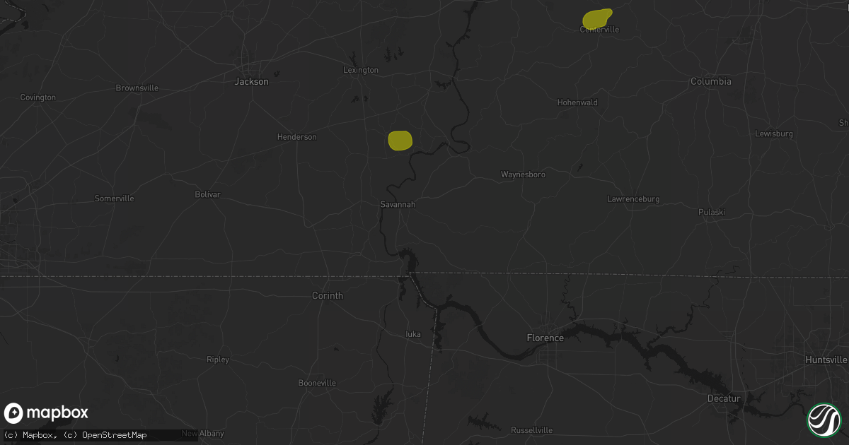 Hail map in Savannah, TN on July 2, 2026
