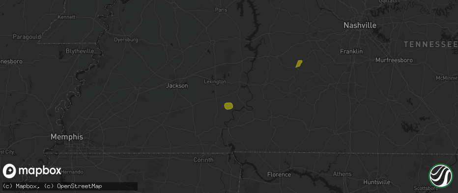 Hail map in Scotts Hill, TN on July 2, 2026