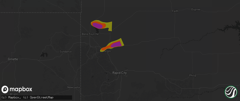 Hail map in Sturgis, SD on July 2, 2026