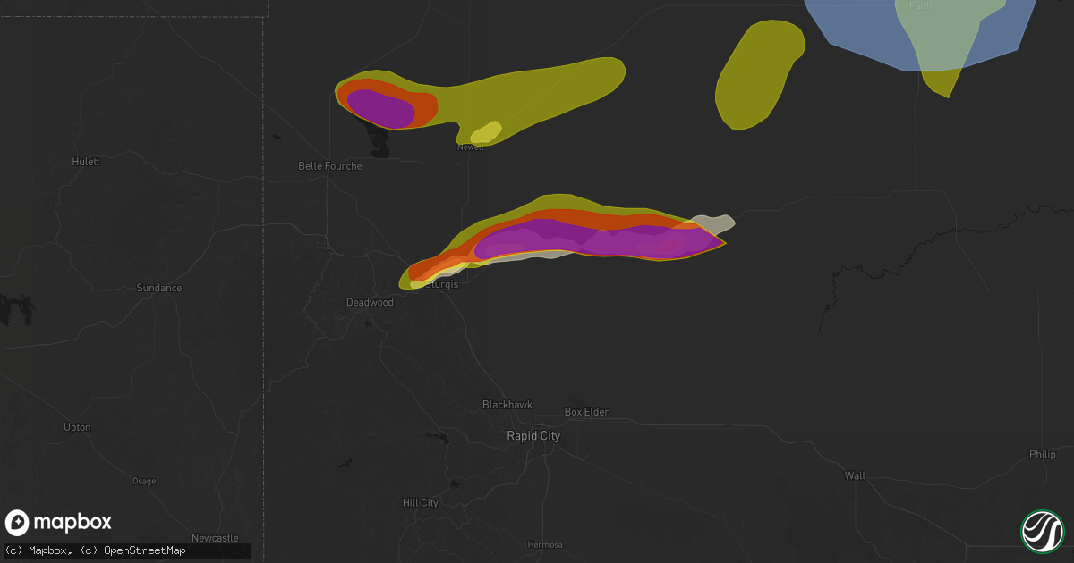 Hail map in Sturgis, SD on July 2, 2026