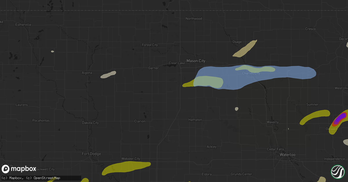 Hail map in Thornton, IA on July 2, 2026