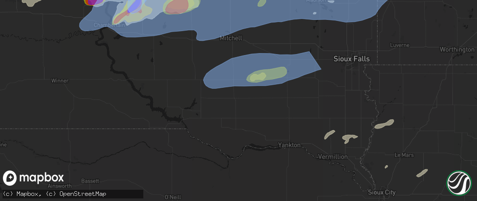 Hail map in Tripp, SD on July 2, 2026