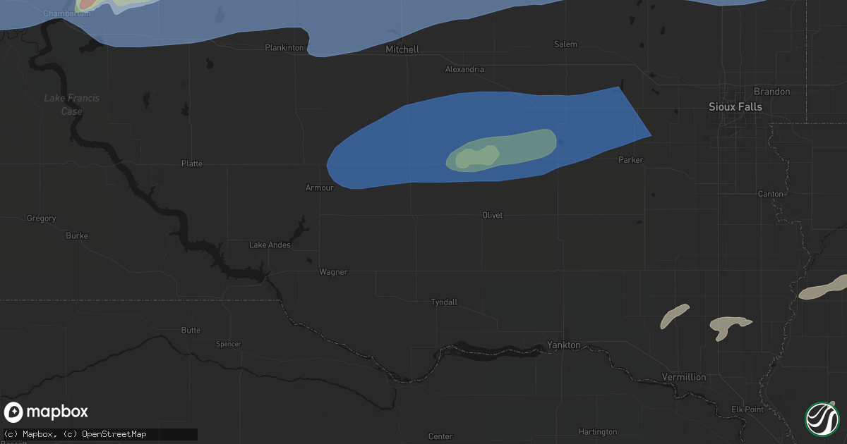 Hail map in Tripp, SD on July 2, 2026