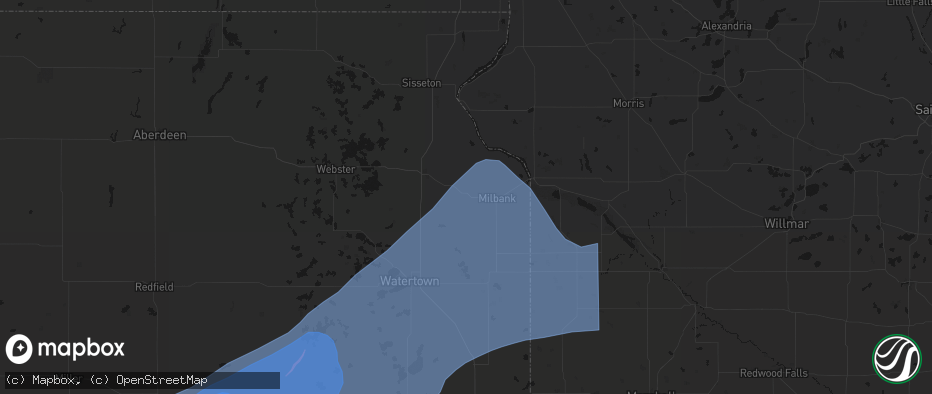 Hail map in Twin Brooks, SD on July 2, 2026