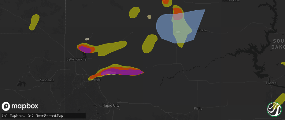 Hail map in Union Center, SD on July 2, 2026