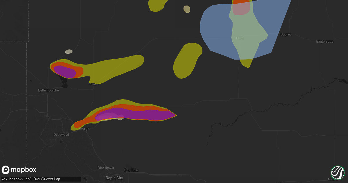 Hail map in Union Center, SD on July 2, 2026
