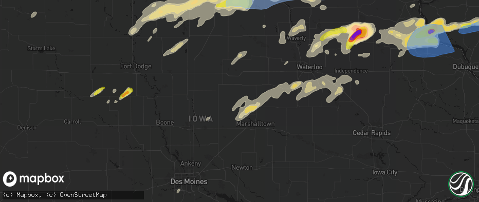 Hail map in Union, IA on July 2, 2026
