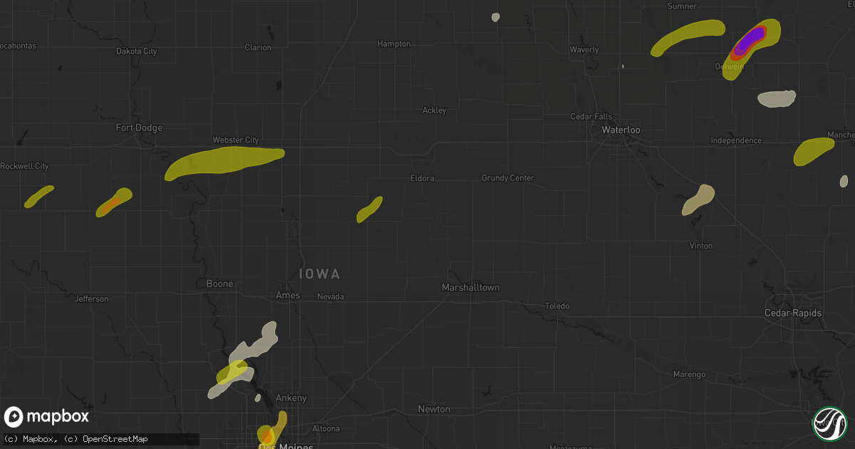 Hail map in Union, IA on July 2, 2026