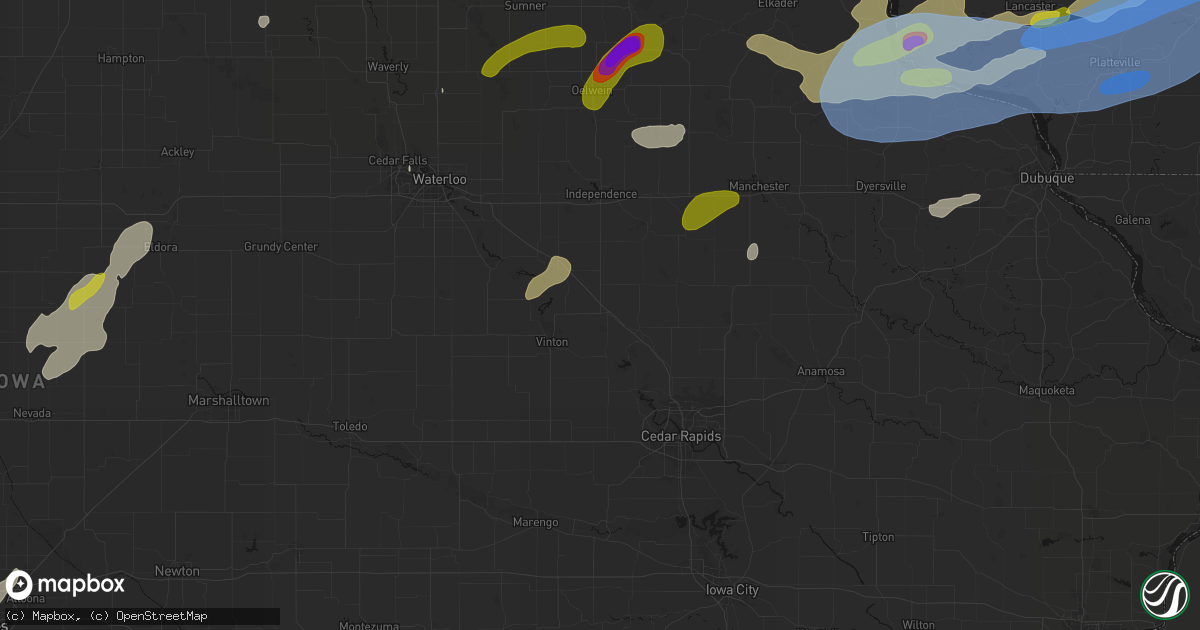 Hail map in Urbana, IA on July 2, 2026