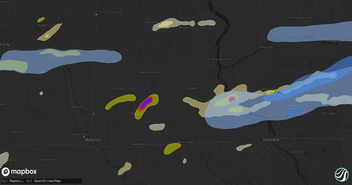 Hail map in Volga, IA on July 2, 2026