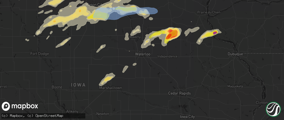 Hail map in Waterloo, IA on July 2, 2026