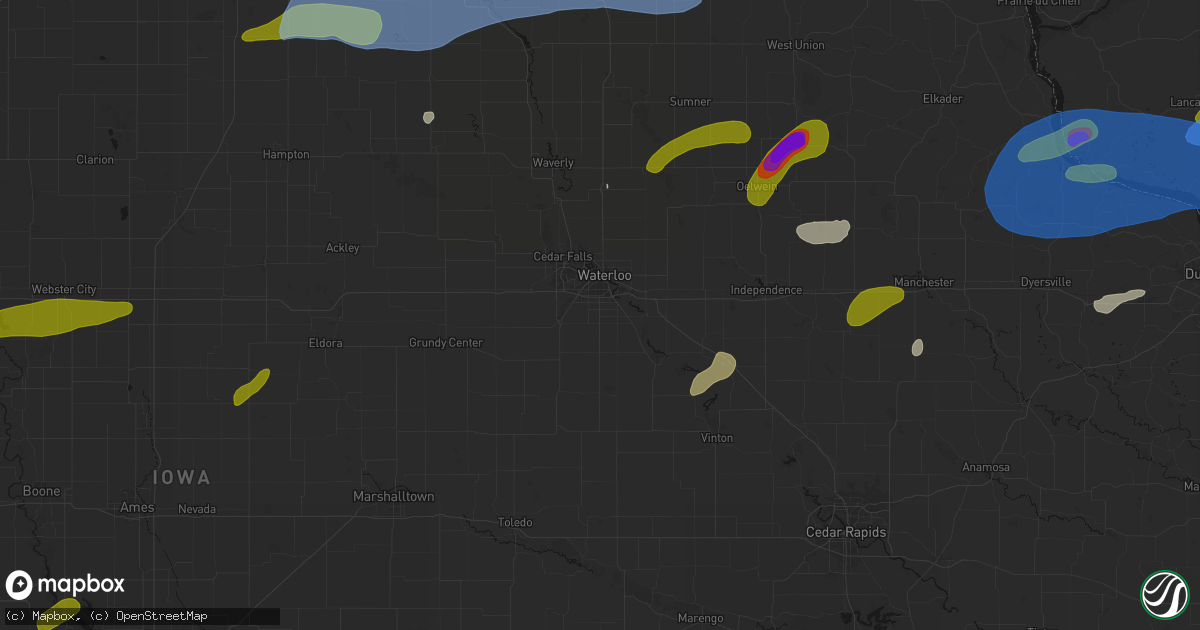 Hail map in Waterloo, IA on July 2, 2026