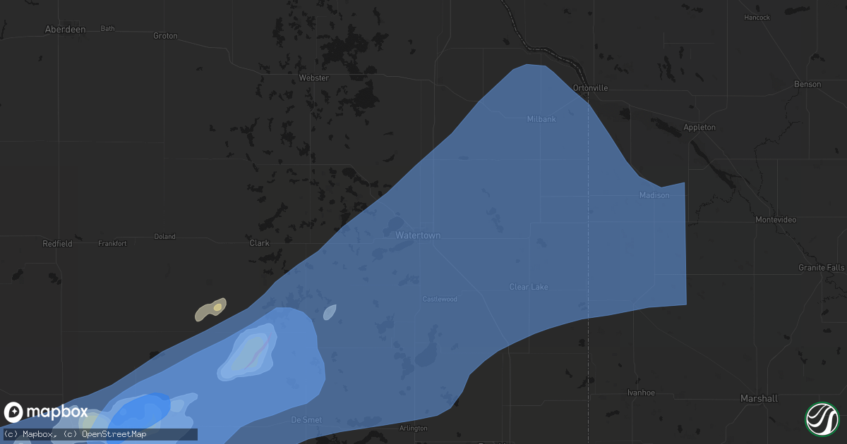 Hail map in Watertown, SD on July 2, 2026